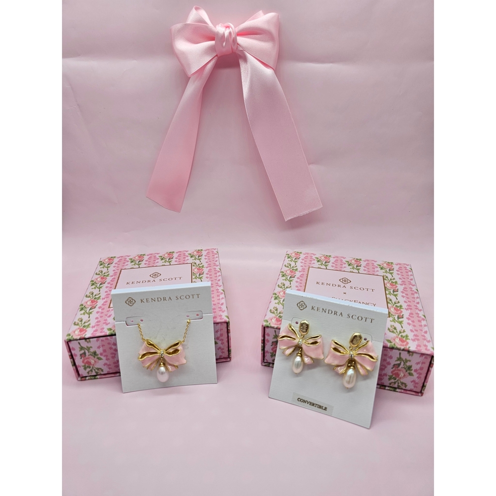 Authentic Kendra Scott X Loveshackfancy Pearl Gold and Pink Bow Jewelry Set